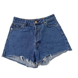 H&M Vintage High Waist Denim Shorts Size 2 Blue Frayed Hem Jean Shorts